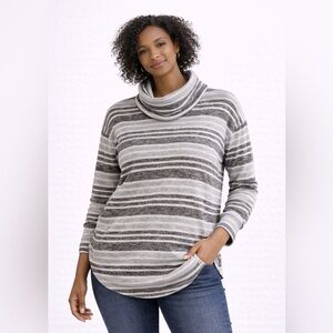 REITMANS Grey and White Striped Turtleneck Fleece Top